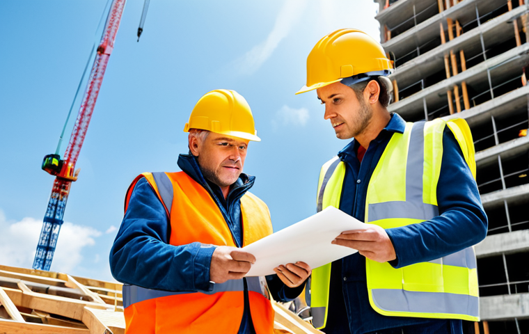 **

"A team of construction workers wearing hard hats and safety vests collaborating on a building site, fully clothed, appropriate attire, safe for work, perfect anatomy, natural proportions, daytime, clear sky, professional, family-friendly, focus on teamwork."

**