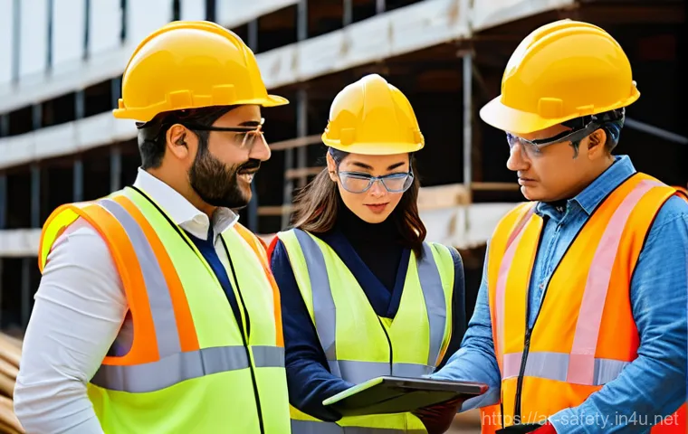 건설 현장 안전 점검 체크리스트 - **Prompt:** A diverse group of construction workers, both male and female, diligently conducting a s...