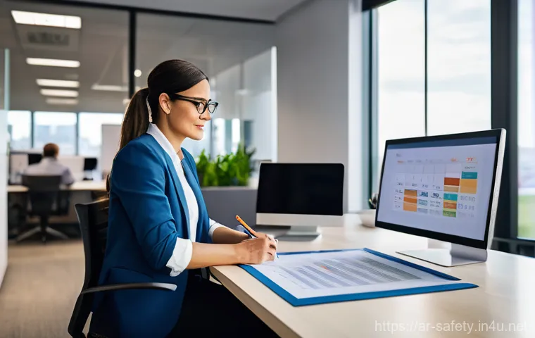 안전관리자의 멘탈 관리 요령 - A confident, organized male or female safety manager in their late 30s to early 40s, dressed in smar...