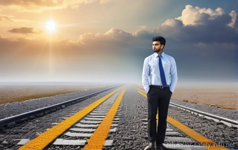 다양한 안전관리 자격증 비교 - **Prompt:** A young, determined Arab professional (male or female) stands at a metaphorical crossroa...