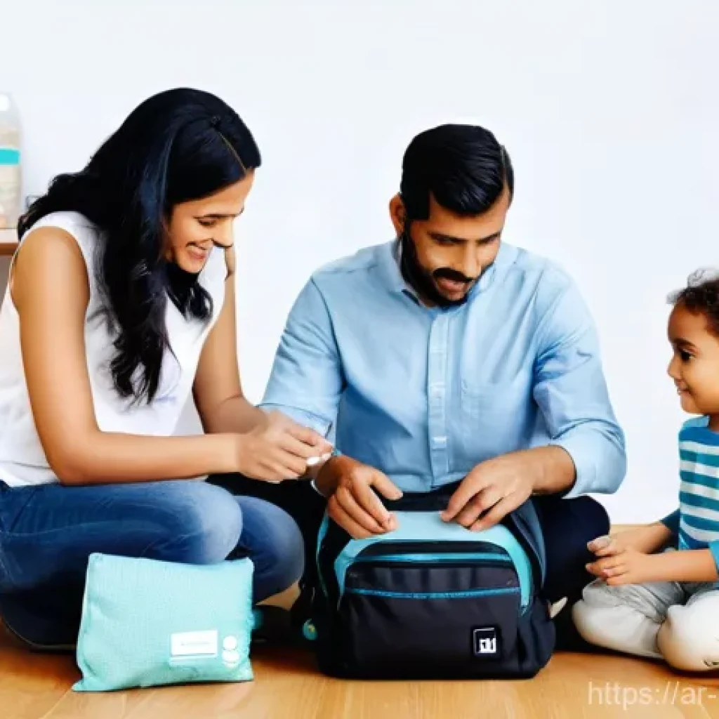 재난 대비 안전관리 체크리스트 - **Prompt:** A diverse Arabian family (a father, a mother, and their young child, approximately 3-5 y...