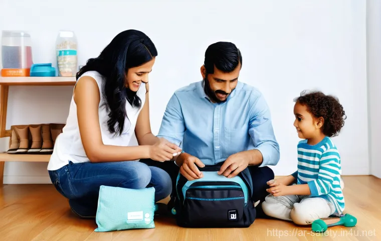 재난 대비 안전관리 체크리스트 - **Prompt:** A diverse Arabian family (a father, a mother, and their young child, approximately 3-5 y...