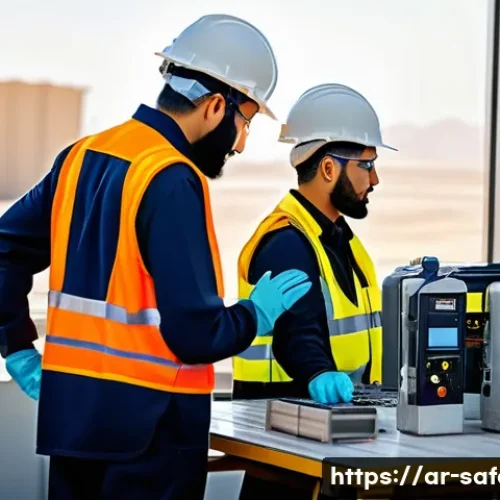 산업안전기사 자격증 취득 팁 - A modern industrial workplace scene in Saudi Arabia, showing diverse male and female workers wearing...