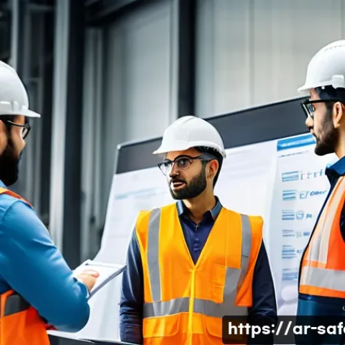 안전관리 실무에서의 체크리스트 활용 - A detailed office scene in a modern Middle Eastern industrial workplace showing a diverse team of Ar...