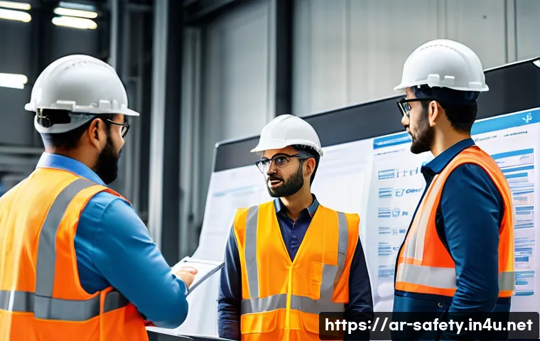 안전관리 실무에서의 체크리스트 활용 - A detailed office scene in a modern Middle Eastern industrial workplace showing a diverse team of Ar...