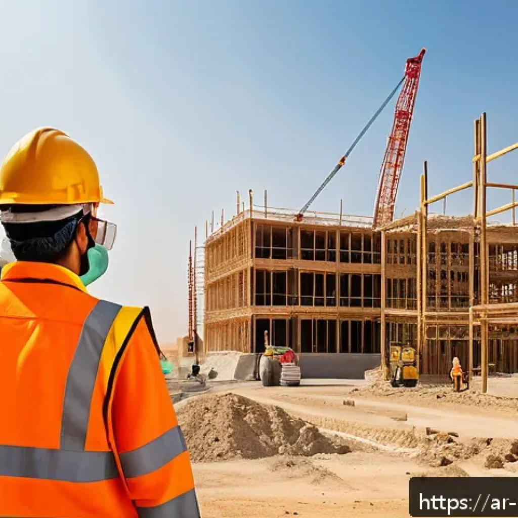 건설업에서의 작업별 안전수칙 - A detailed construction site scene in the Middle East with Arabic signage, featuring a diverse team ...