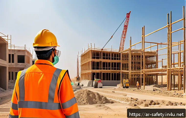 건설업에서의 작업별 안전수칙 - A detailed construction site scene in the Middle East with Arabic signage, featuring a diverse team ...