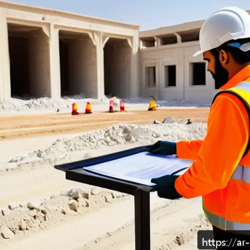 건설업 안전관리자의 일과 - A detailed construction site in the Middle East setting during daylight, showing a diverse team of A...