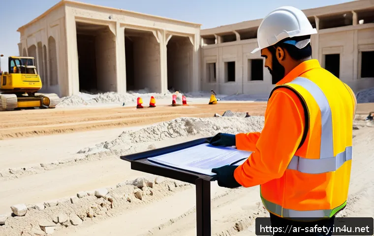 건설업 안전관리자의 일과 - A detailed construction site in the Middle East setting during daylight, showing a diverse team of A...
