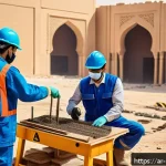 현장 근로자를 위한 안전 체크리스트 - A detailed construction site scene in a Middle Eastern setting during daytime, featuring diverse Ara...