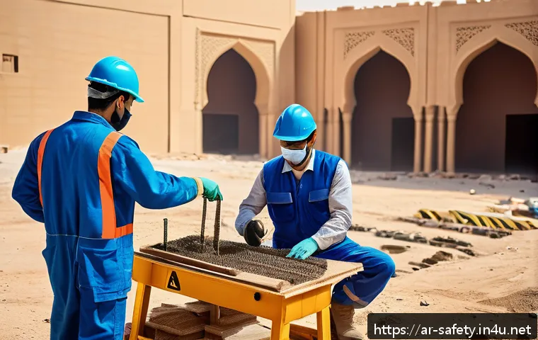 현장 근로자를 위한 안전 체크리스트 - A detailed construction site scene in a Middle Eastern setting during daytime, featuring diverse Ara...